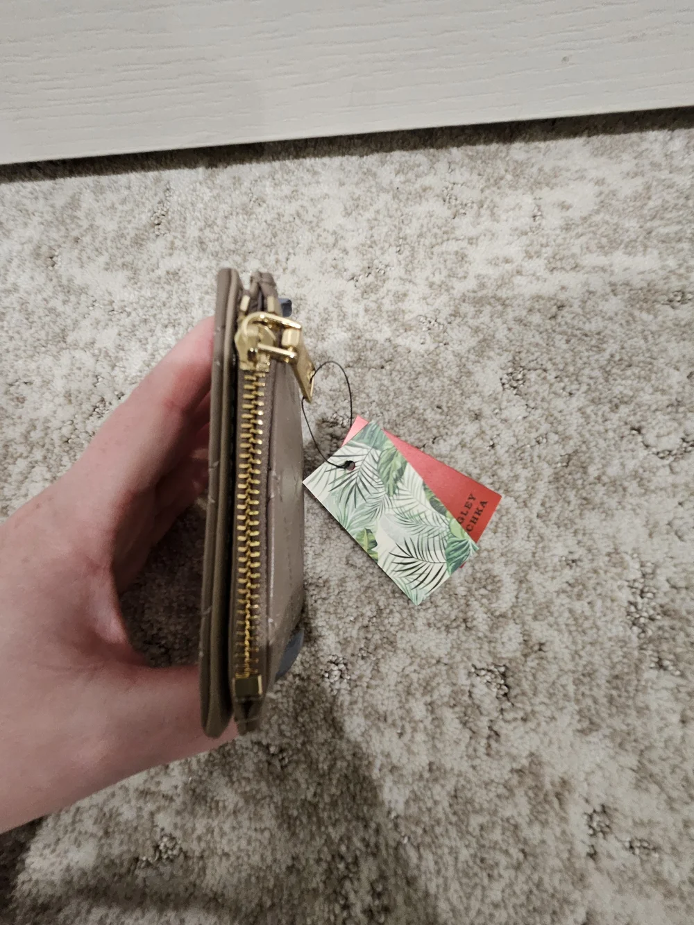Badgley Mischka Quilted Card Holder in Taupe with Gold Hardware